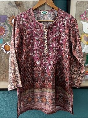 Dolma Women's Embroidered Floral Maroon Tunic 3/4 Sleeves